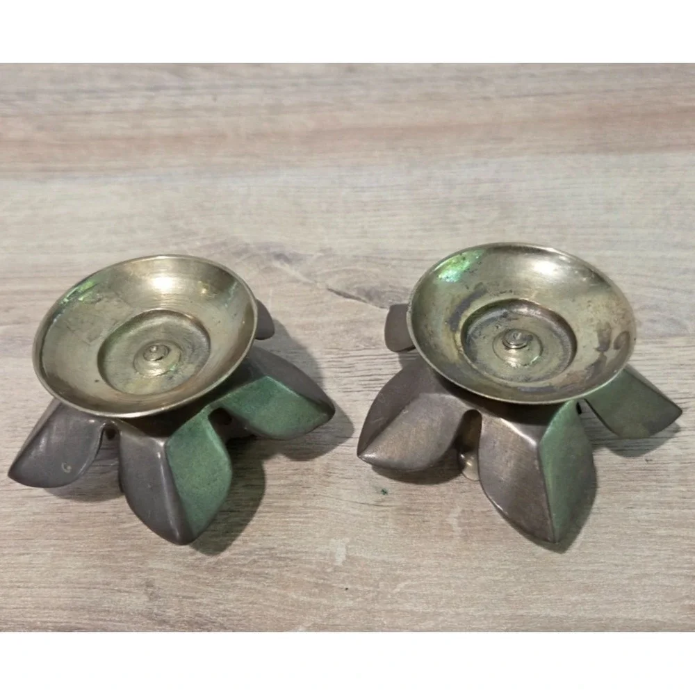 Vintage Solid Brass Flower Lotus Water Lily Candlestick Holders Set of 2